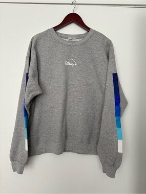 CCO: Disney Gray Crewneck Sweatshirt with Blue Gradient Sleeve Stripes